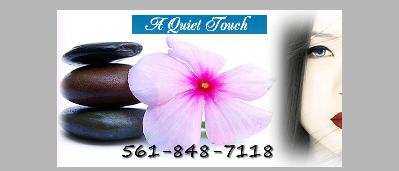 An image of stacked rocks a flower and part of a woman's face in a collage with phone number and Jupiter Wellness Massage - A Quiet Touch logo.